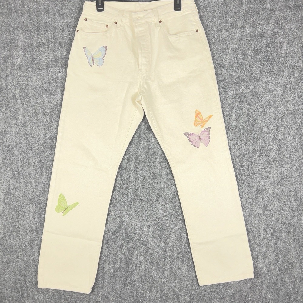Levis Womens 29 White Butterfly Painted Jeans Straight Leg Custom Art Denim